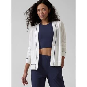 Athleta Lightweight Collegiate White Blue Stripe Boyfriend Cardigan Sweater XL